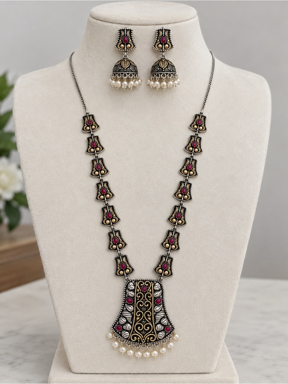 Vintage Style Indian Jhumka Necklace & Earrings Set Oxidized Silver Gold Tone Pi - Picture 7 of 10